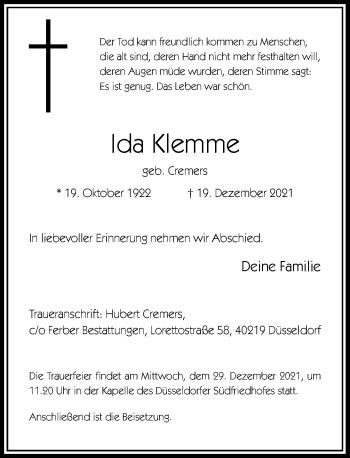 Traueranzeige von Ida Klemme von Rheinische Post
