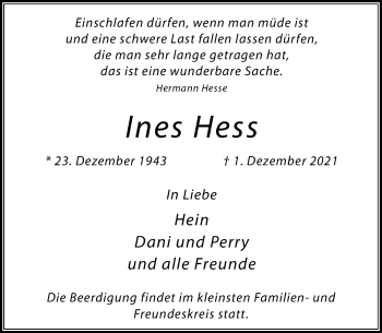 Traueranzeige von Ines Hess von Rheinische Post