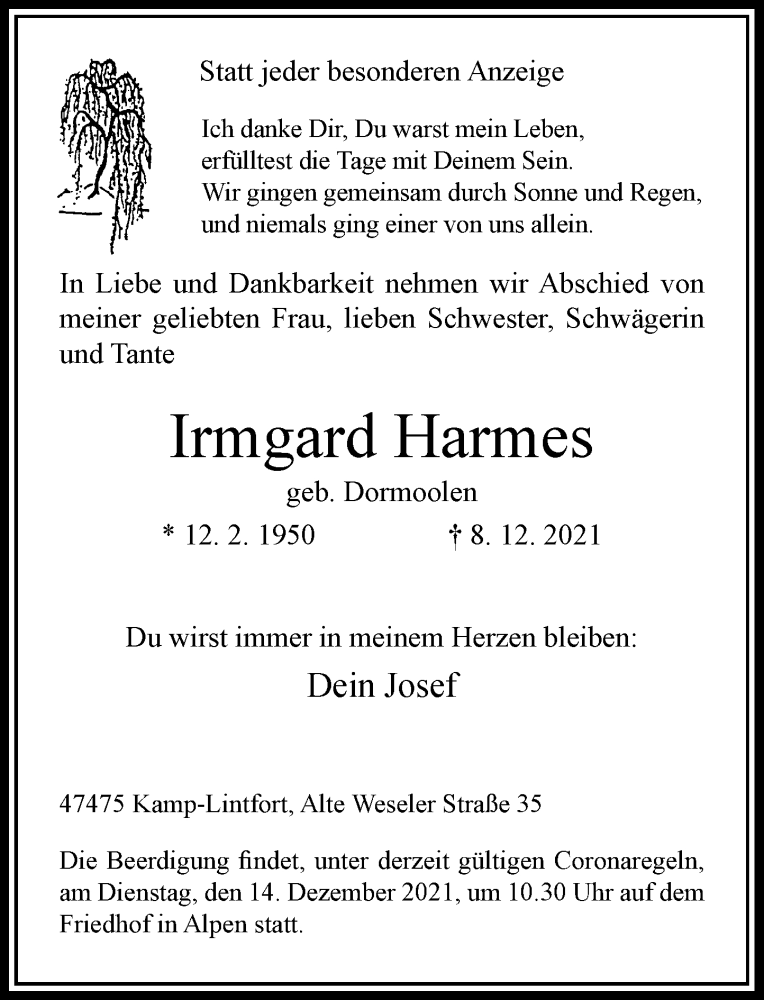  Traueranzeige für Irmgard Harmes vom 11.12.2021 aus Rheinische Post