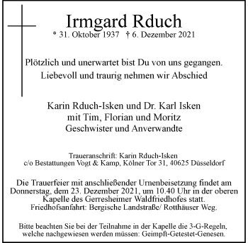 Traueranzeige von Irmgard Rduch von Rheinische Post