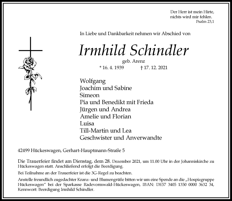  Traueranzeige für Irmhild Schindler vom 22.12.2021 aus Rheinische Post