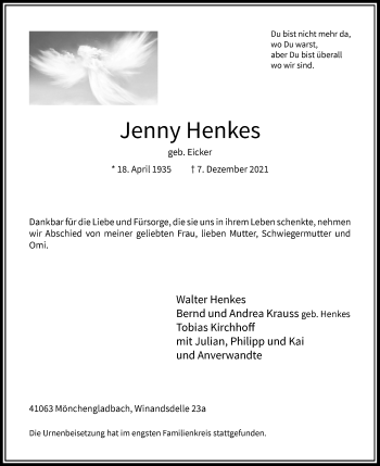 Traueranzeige von Jenny Henkes von Rheinische Post