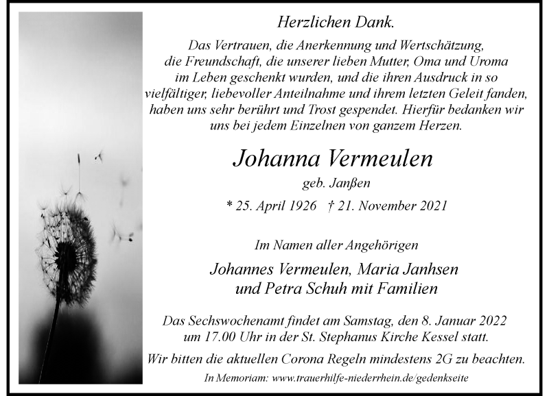  Traueranzeige für Johanna Vermeulen vom 31.12.2021 aus Rheinische Post