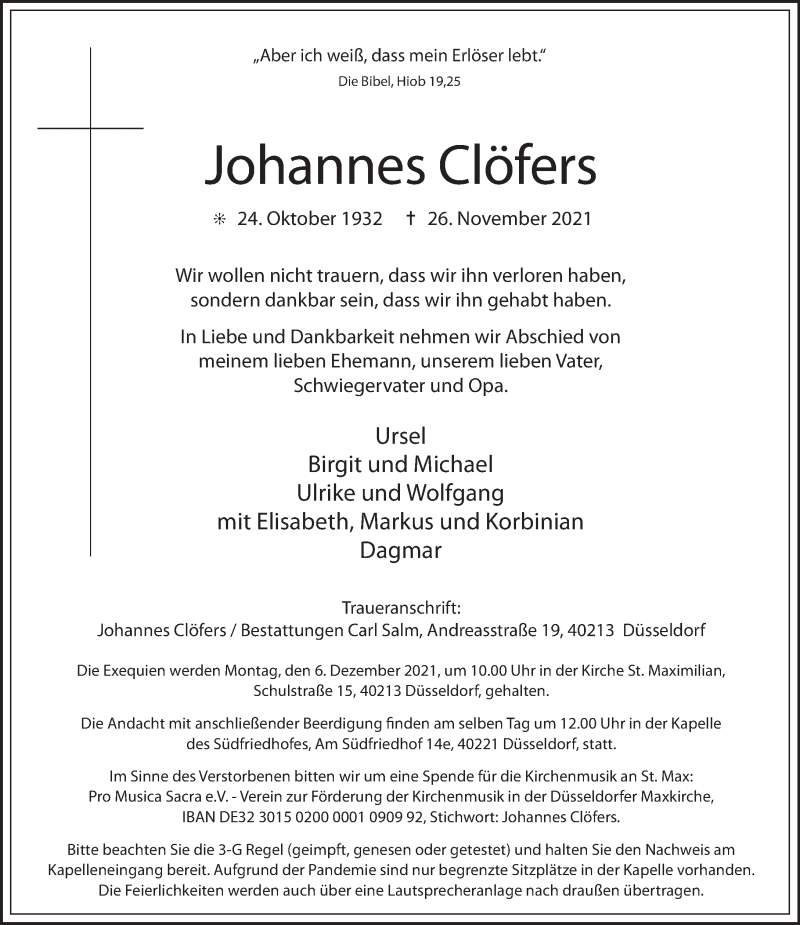  Traueranzeige für Johannes Clöfers vom 04.12.2021 aus Rheinische Post