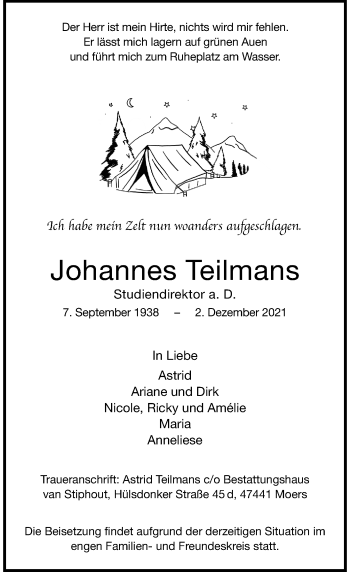 Traueranzeige von Johannes Teilmans von Rheinische Post
