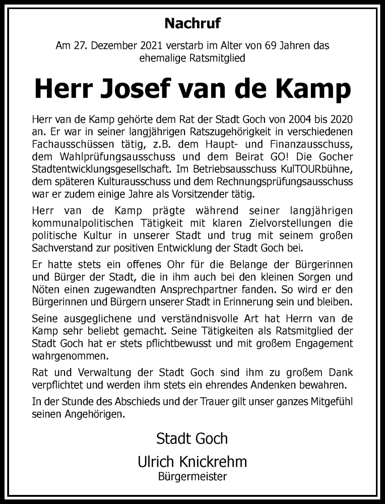  Traueranzeige für Josef van de Kamp vom 31.12.2021 aus Rheinische Post