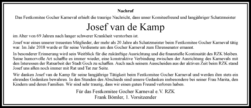  Traueranzeige für Josef van de Kamp vom 30.12.2021 aus Rheinische Post