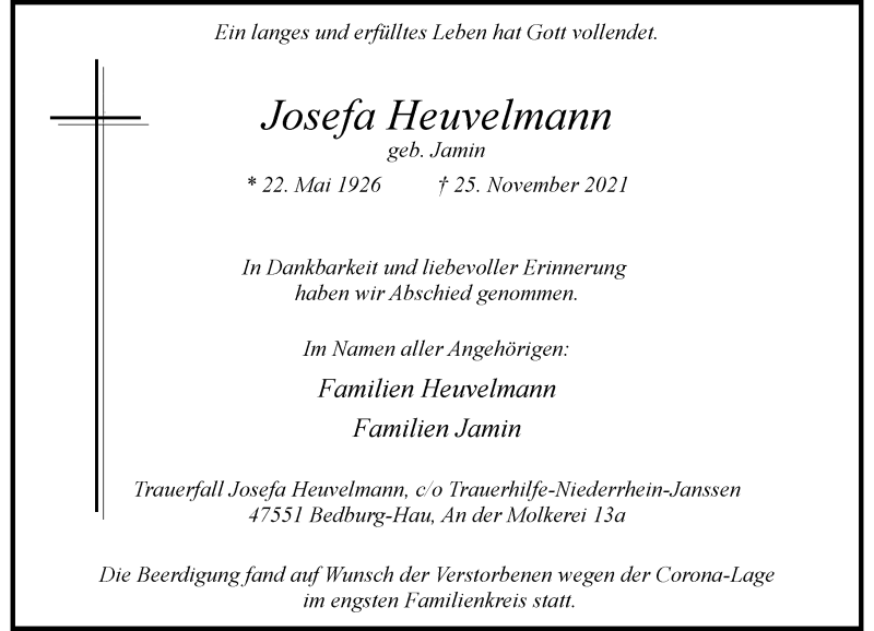  Traueranzeige für Josefa Heuvelmann vom 04.12.2021 aus Rheinische Post