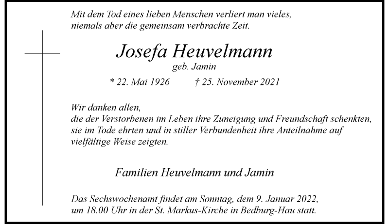  Traueranzeige für Josefa Heuvelmann vom 29.12.2021 aus Rheinische Post