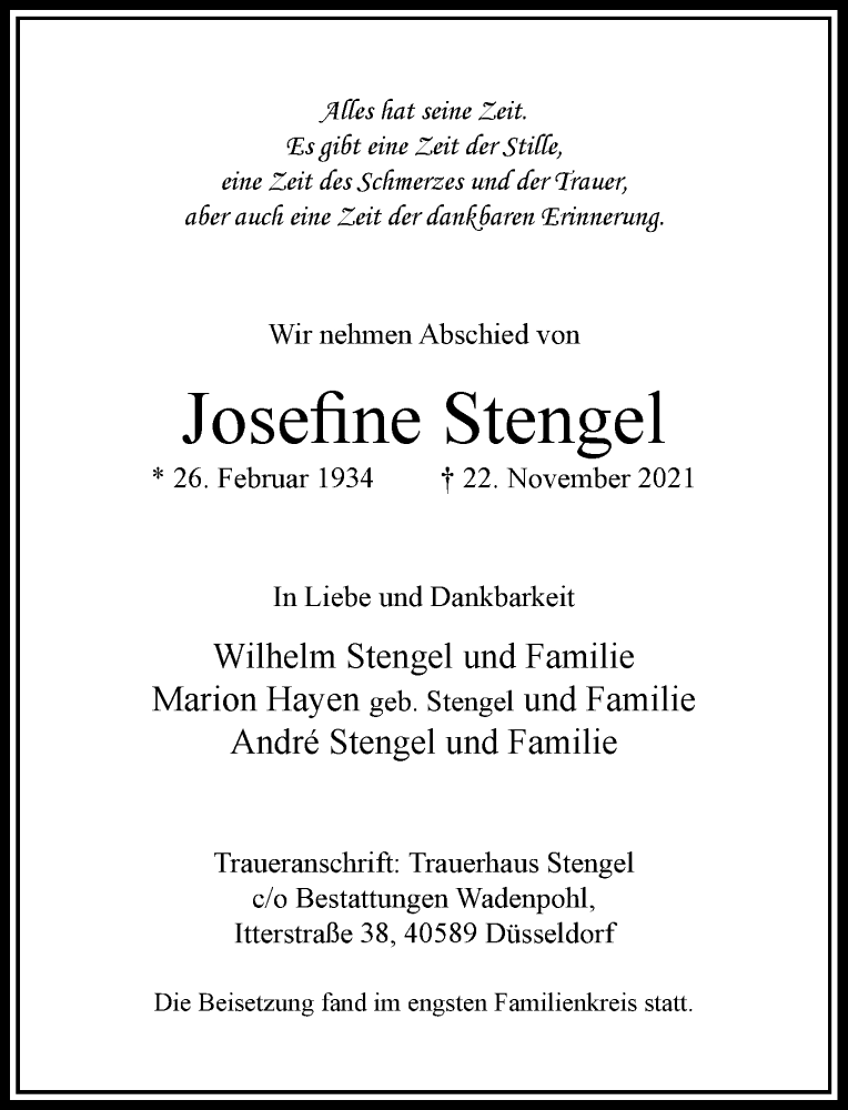  Traueranzeige für Josefine Stengel vom 04.12.2021 aus Rheinische Post