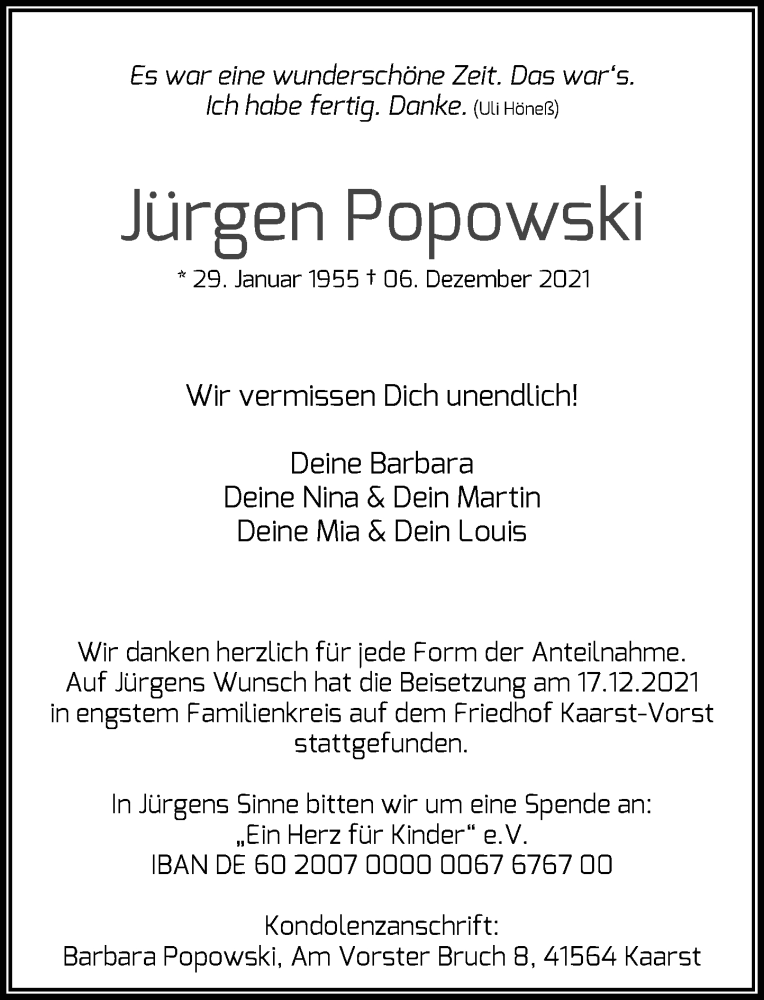  Traueranzeige für Jürgen Popowski vom 18.12.2021 aus Rheinische Post