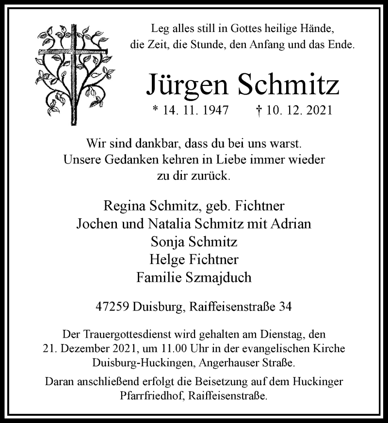  Traueranzeige für Jürgen Schmitz vom 16.12.2021 aus Rheinische Post