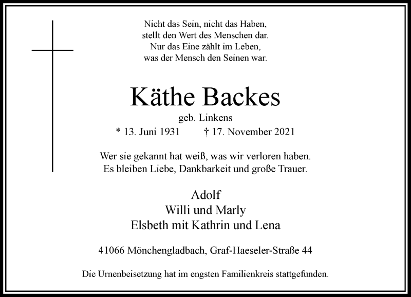  Traueranzeige für Käthe Backes vom 04.12.2021 aus Rheinische Post