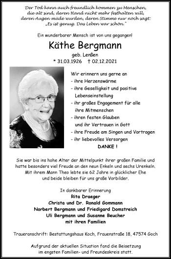 Traueranzeige von Käthe Bergmann von Rheinische Post
