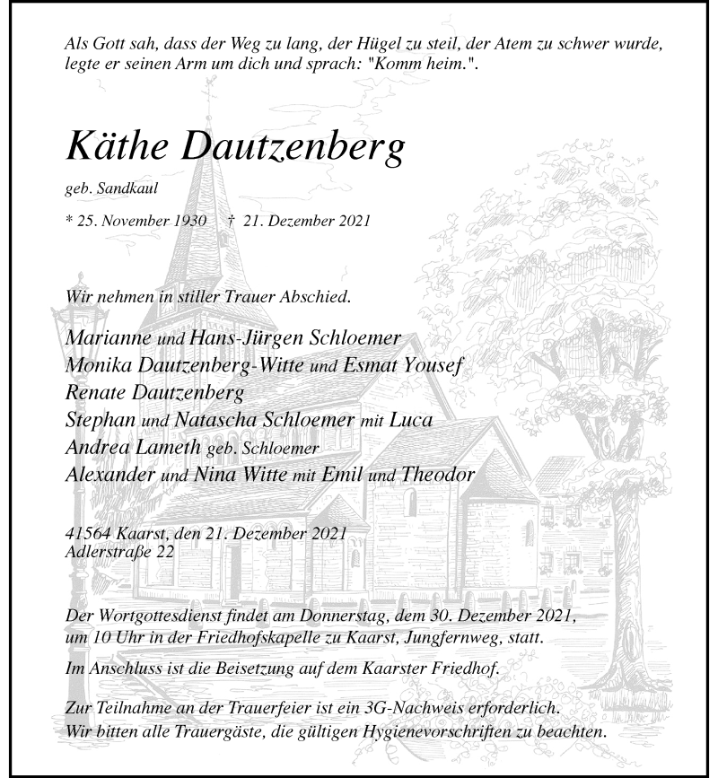  Traueranzeige für Käthe Dautzenberg vom 27.12.2021 aus Rheinische Post