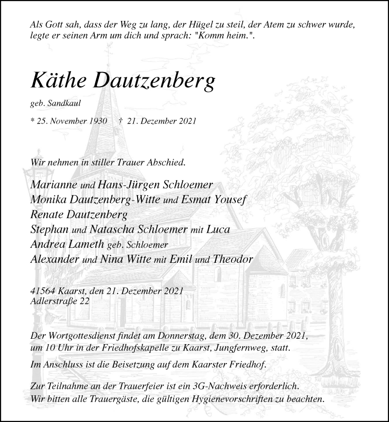  Traueranzeige für Käthe Dautzenberg vom 27.12.2021 aus Rheinische Post