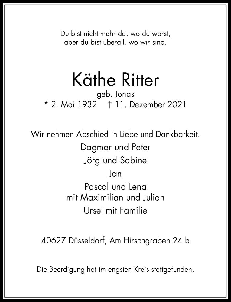  Traueranzeige für Käthe Ritter vom 08.01.2022 aus Rheinische Post