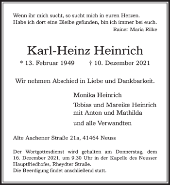 Traueranzeige von Karl-Heinz Heinrich von Rheinische Post