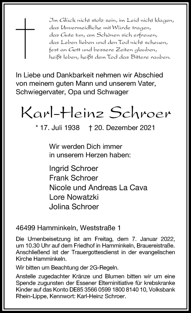  Traueranzeige für Karl-Heinz Schroer vom 31.12.2021 aus Rheinische Post