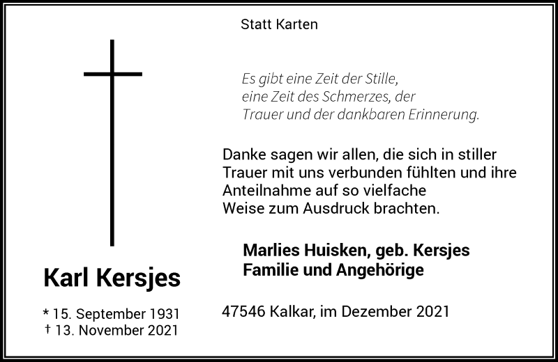  Traueranzeige für Karl Kersjes vom 18.12.2021 aus Rheinische Post