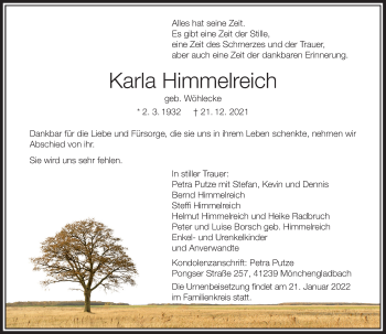 Traueranzeige von Karla Himmelreich von Rheinische Post