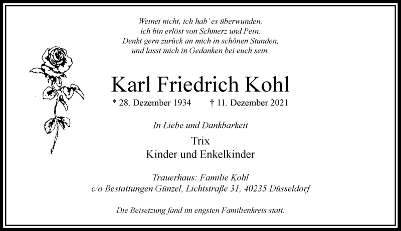  Traueranzeige für Karl Friedrich Kohl vom 24.12.2021 aus Rheinische Post