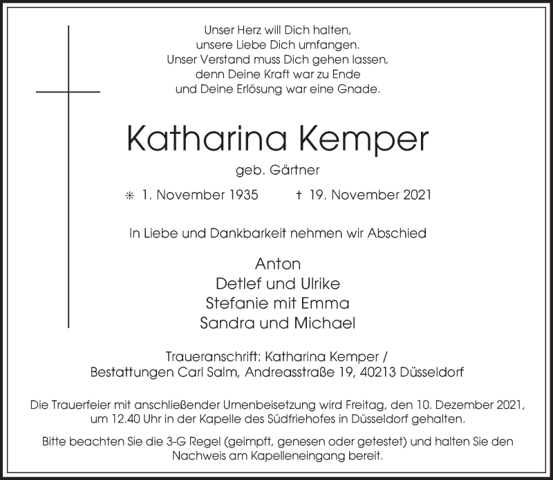  Traueranzeige für Katharina Kemper vom 04.12.2021 aus Rheinische Post