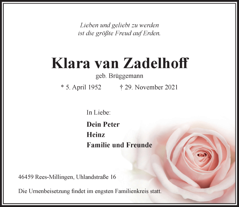  Traueranzeige für Klara van Zadelhoff vom 04.12.2021 aus Rheinische Post