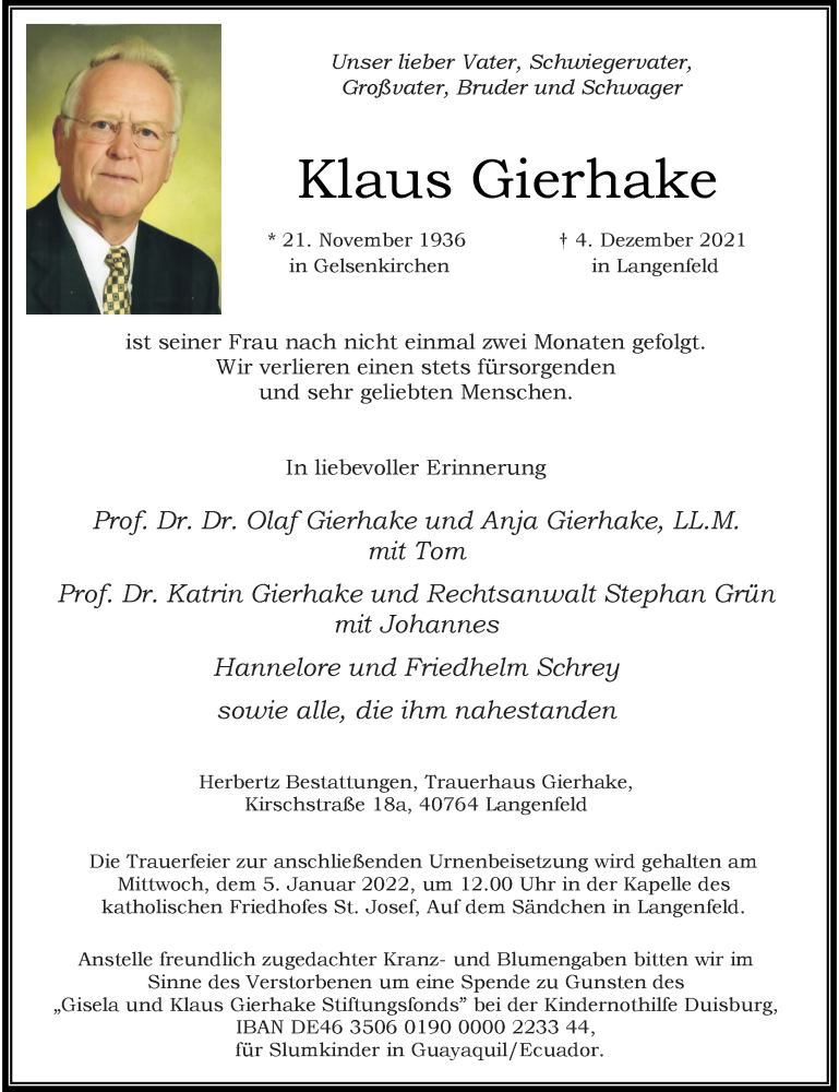  Traueranzeige für Klaus Gierhake vom 18.12.2021 aus Rheinische Post