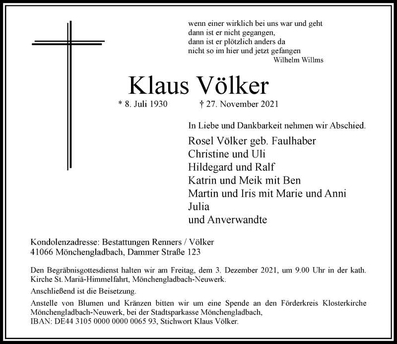  Traueranzeige für Klaus Völker vom 01.12.2021 aus Rheinische Post