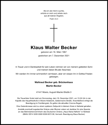 Traueranzeige von Klaus Walter Becker von Rheinische Post