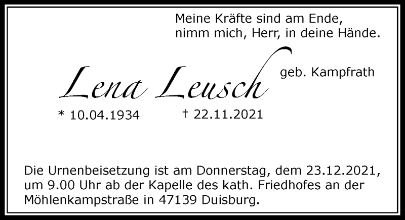  Traueranzeige für Lena Leusch vom 20.12.2021 aus Rheinische Post