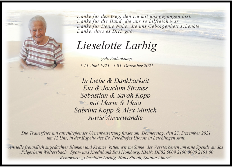  Traueranzeige für Lieselotte Larbig vom 18.12.2021 aus Rheinische Post