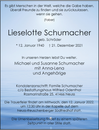 Traueranzeige von Lieselotte Schumacher von Rheinische Post