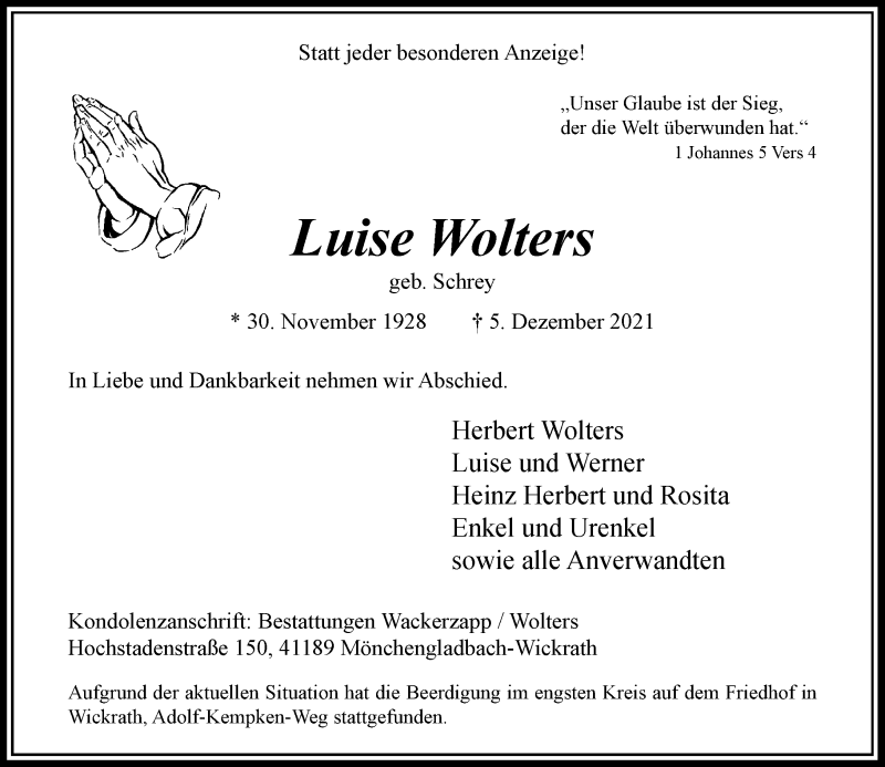  Traueranzeige für Luise Wolters vom 18.12.2021 aus Rheinische Post