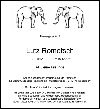 Traueranzeige von Lutz Rometsch von Rheinische Post