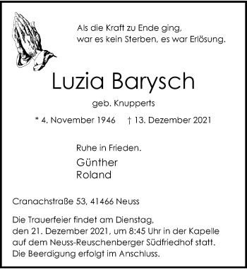 Traueranzeige von Luzia Barysch von Rheinische Post