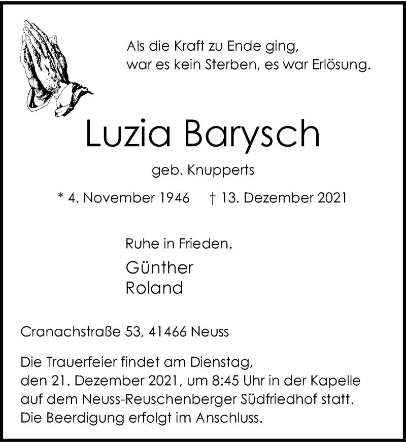  Traueranzeige für Luzia Barysch vom 18.12.2021 aus Rheinische Post