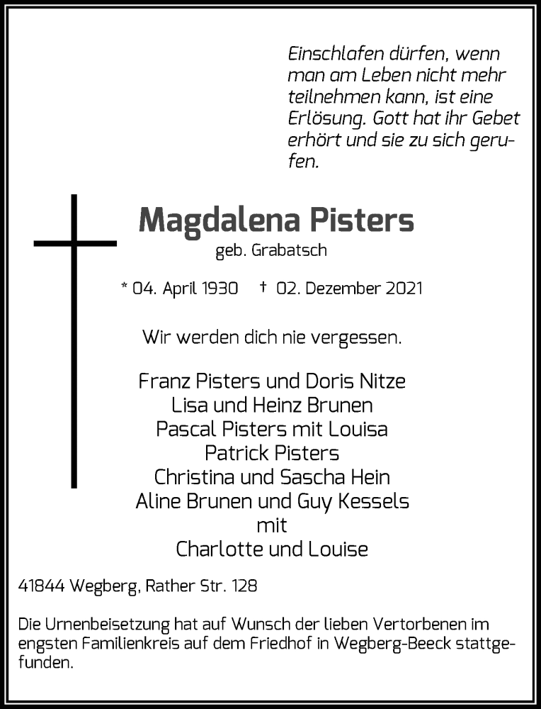  Traueranzeige für Magdalena Pisters vom 24.12.2021 aus Rheinische Post