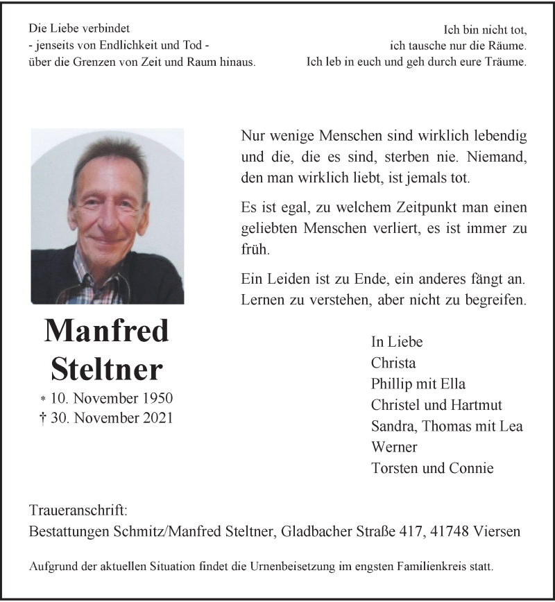  Traueranzeige für Manfred Steltner vom 04.12.2021 aus Rheinische Post