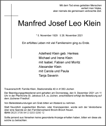 Traueranzeige von Manfred Josef Leo Klein von Rheinische Post