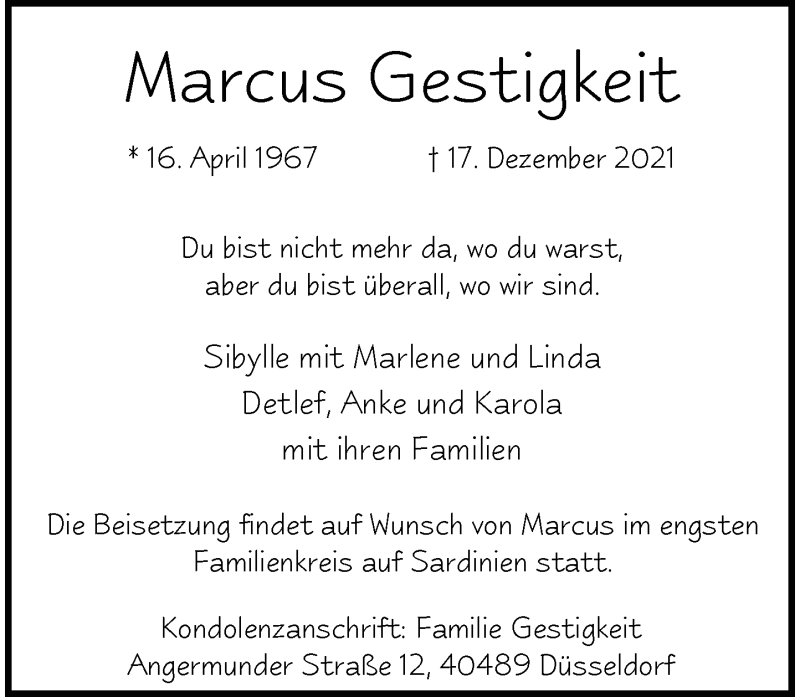  Traueranzeige für Marcus Gestigkeit vom 31.12.2021 aus Rheinische Post