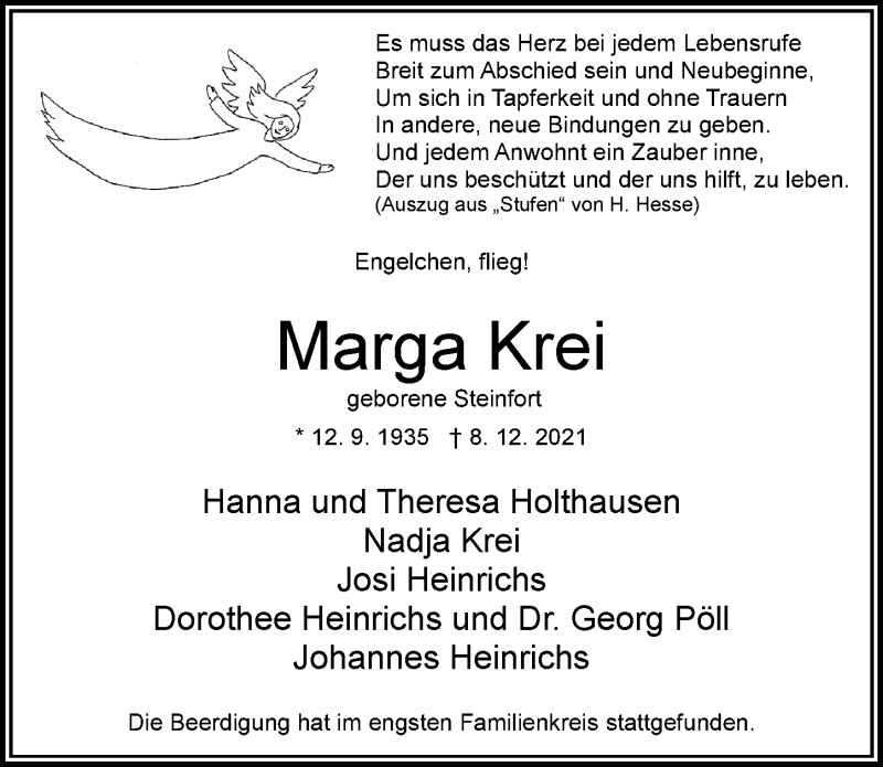 Traueranzeige für Marga Krei vom 08.01.2022 aus Rheinische Post