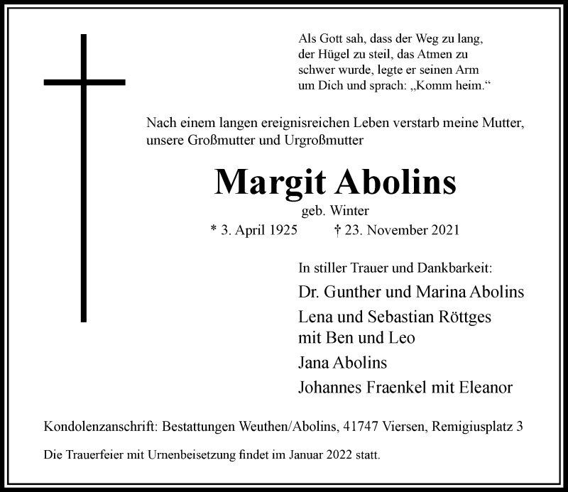  Traueranzeige für Margit Abolins vom 04.12.2021 aus Rheinische Post