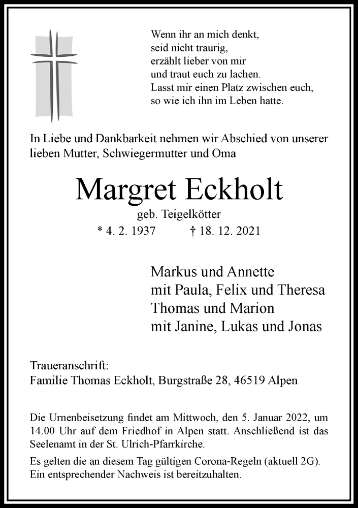  Traueranzeige für Margret Eckholt vom 31.12.2021 aus Rheinische Post