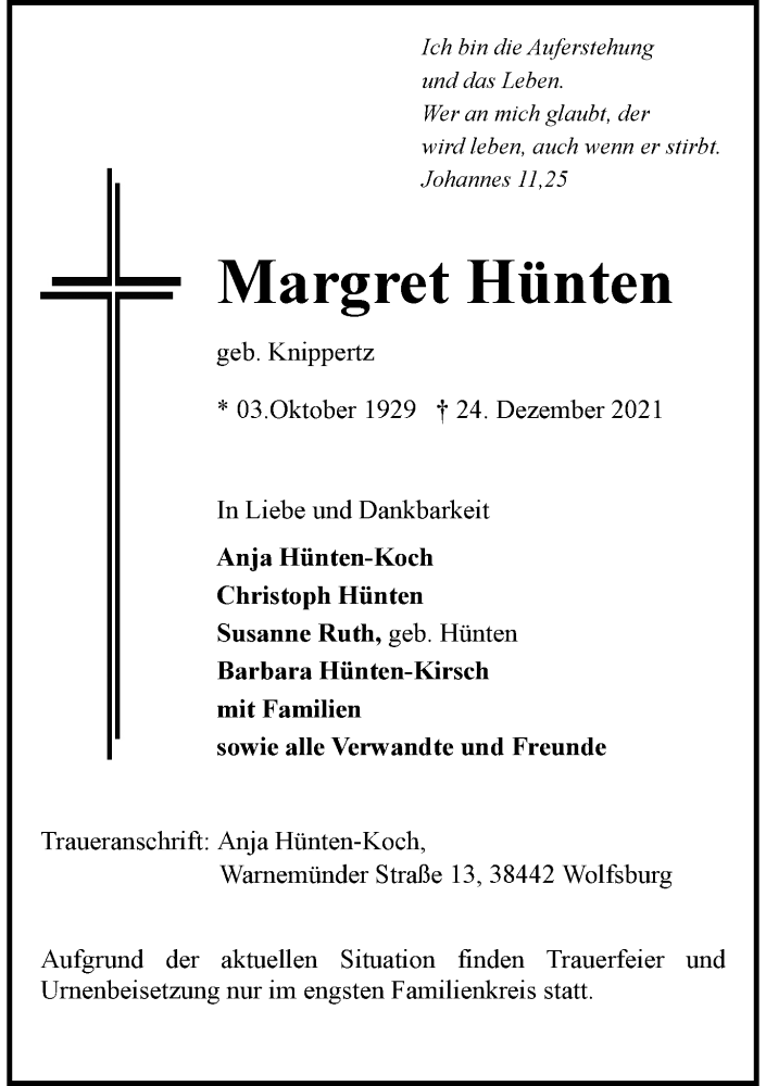  Traueranzeige für Margret Hünten vom 08.01.2022 aus Rheinische Post