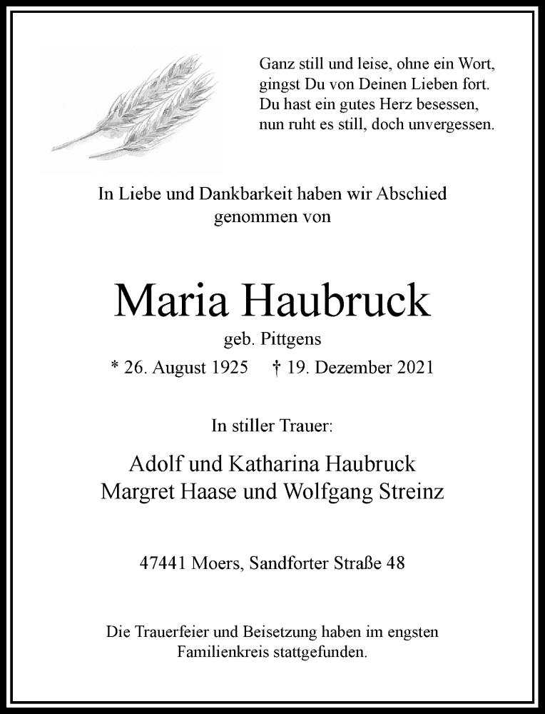  Traueranzeige für Maria Haubruck vom 31.12.2021 aus Rheinische Post