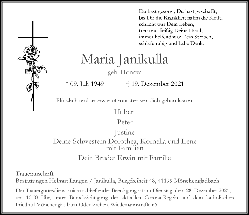  Traueranzeige für Maria Janikulla vom 24.12.2021 aus Rheinische Post