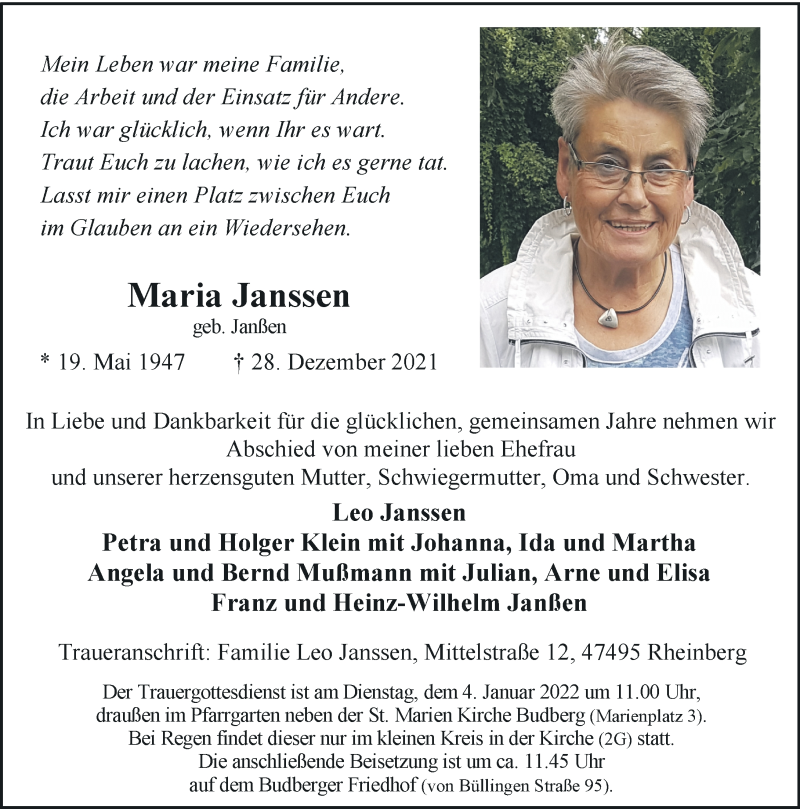  Traueranzeige für Maria Janssen vom 30.12.2021 aus Rheinische Post