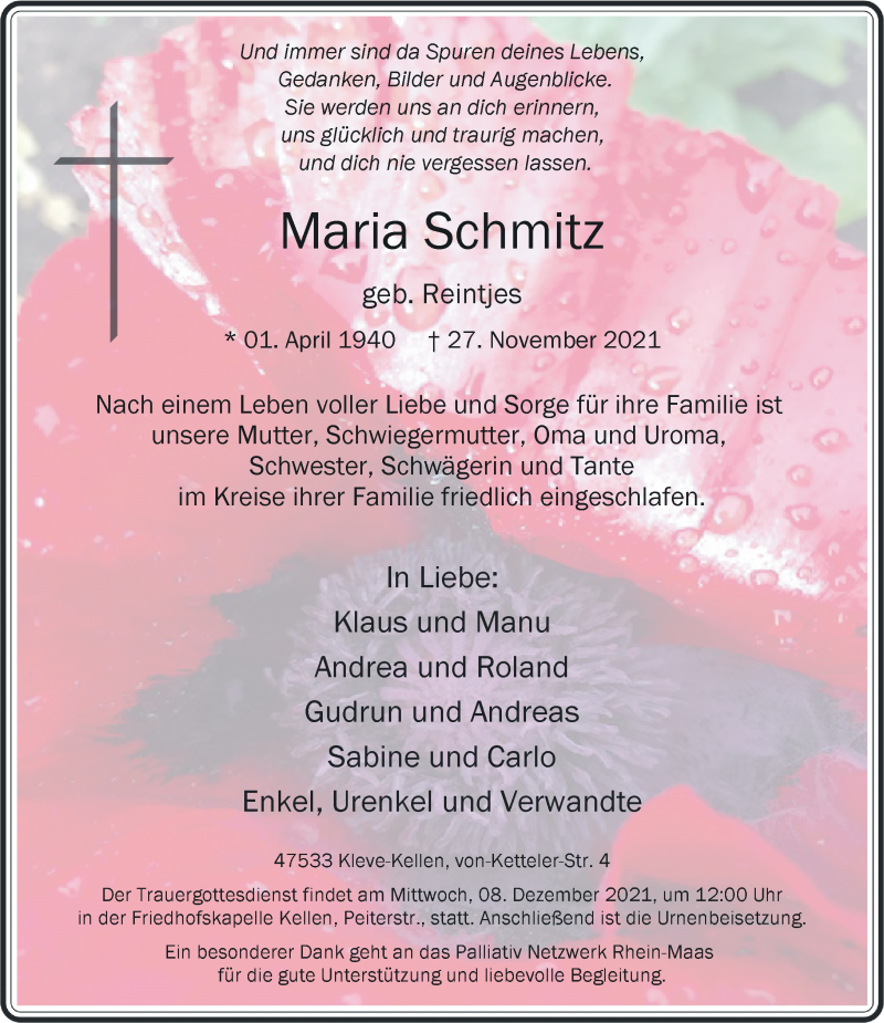  Traueranzeige für Maria Schmitz vom 04.12.2021 aus Rheinische Post